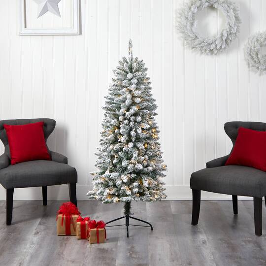 5ft. Pre-Lit Flocked Montreal Fir Artificial Christmas Tree, Warm White LED Lights